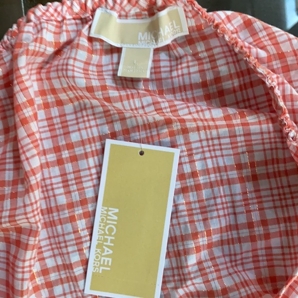 MICHAEL Michael Kors Womens Wrap Top Plaid Tie-Front - Coral Peach Blouse. - Picture 6 of 11